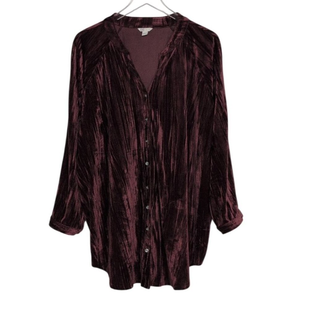 Cato Crushed Velvet Shirt Womens Size 22/24W Purple Wine Stretch V Neck Boho